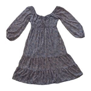 Hint Of Blush Midi Dress Womens XL Blue Gold Floral Chiffon Sheer Balloon Sleeve